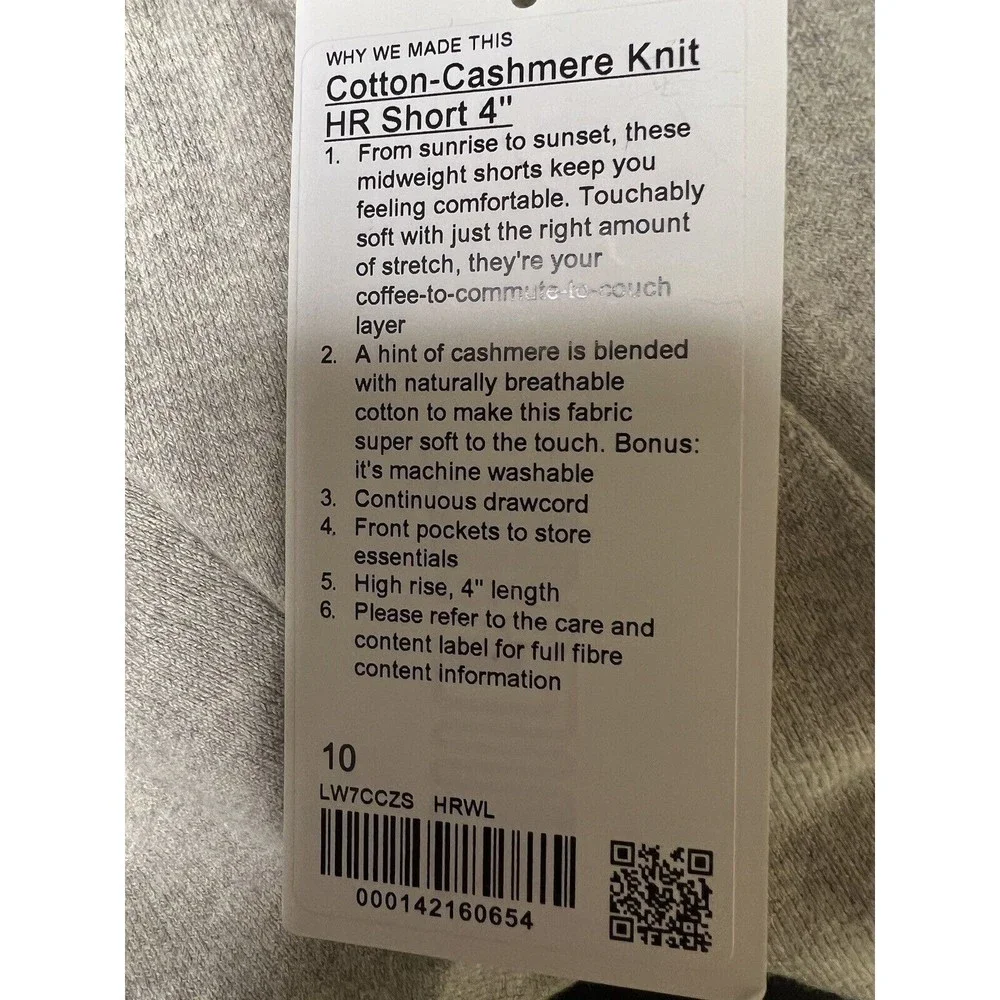 Lululemon Cotton-Cashmere Knit High-Rise Short‎ 4” Heathered Raw Linen Size 10